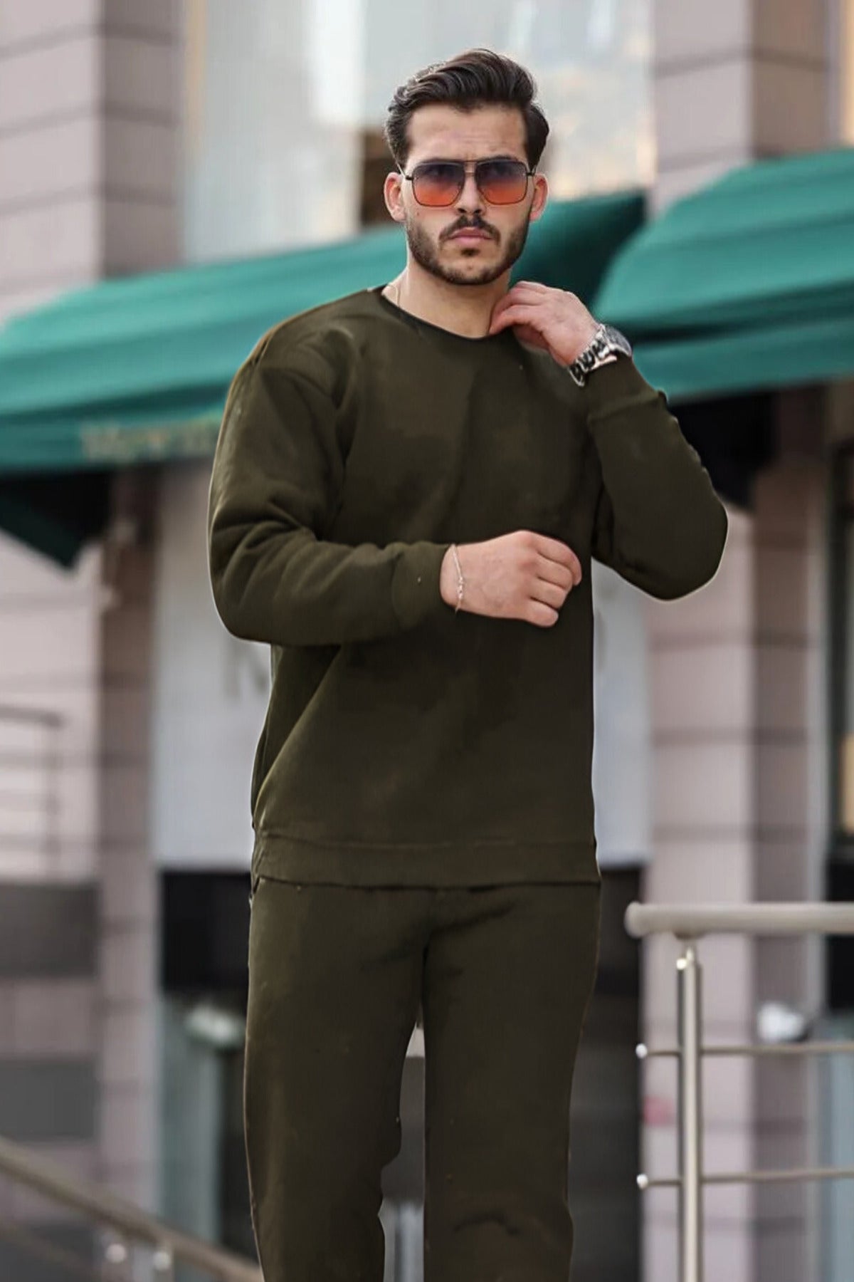 Kalın Bisiklet Yaka Paçası Lastikli Eşofman Takımı - Haki - 3