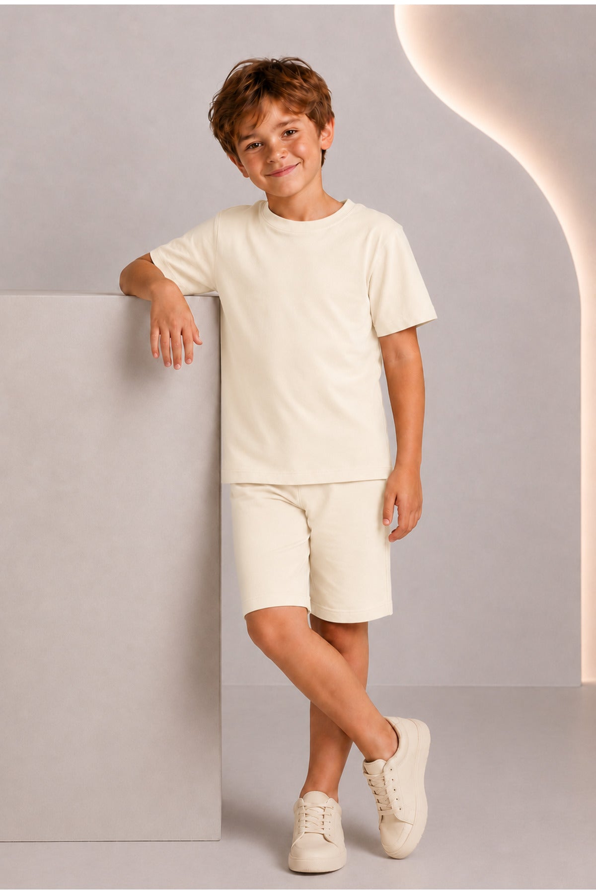 Çocuk Kısa Kollu Baskısız Basic Oversıze Geniş Kalıp Beli Bağlamalı Esnek 1-10 Yaş Arası Yaz Sezonu Sportif T-shirt / Şort Takım - Bej - 3