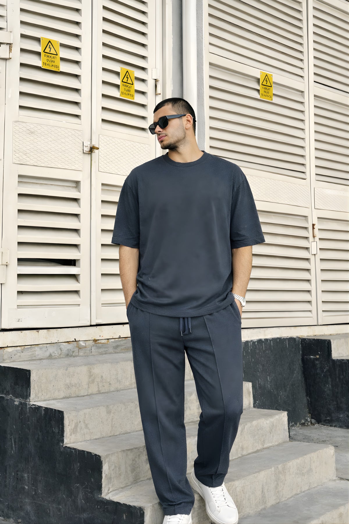 Erkek Bol Kesim Lastikli Bel Rahat Günlük Stil Pantolon - Füme - 3