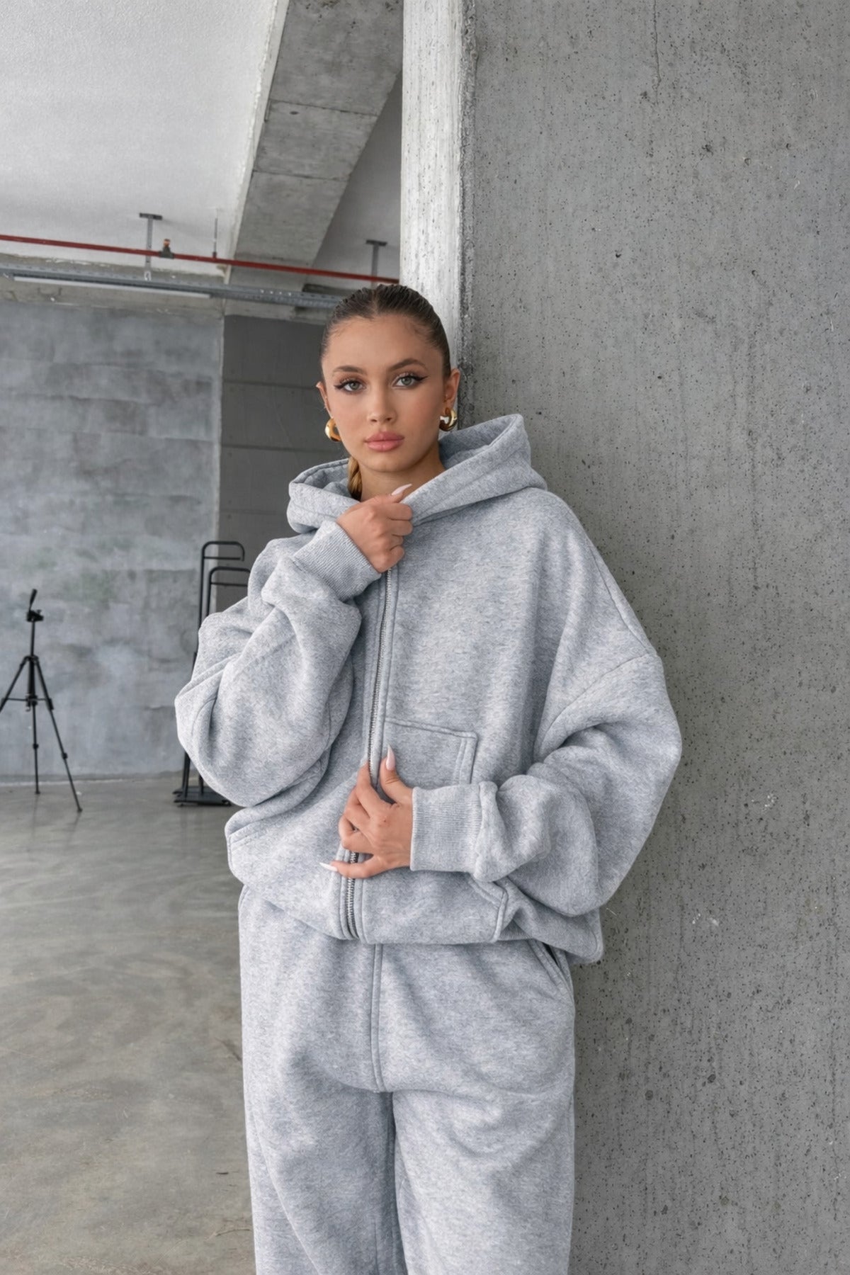 Kadin 3 İ̇pli̇k Oversi̇ze Fermuarli Sweatshi̇rt Hirka Eşofman Takimi - Gri Melanj - 3