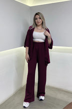Kadın Bol Paça Palazzo Kimono Alt Üst Takım - Mürdüm Melanj - 2
