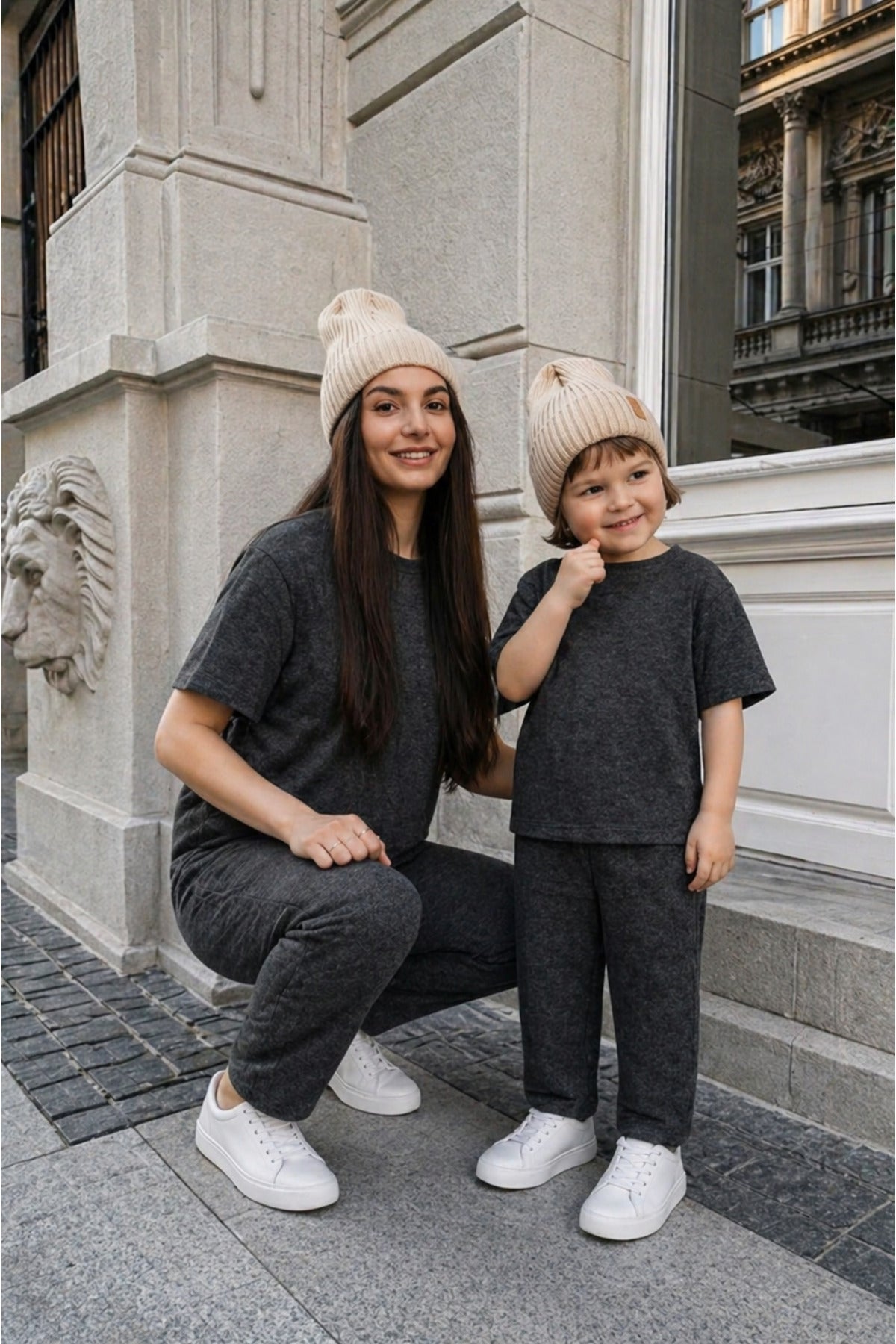 Anne-çocuk 2 İ̇pli̇k Kisa Kollu Modal Oversize Bisiklet Yaka Yüksek Bel Alt-üst Takim (tekli̇) - Antrasit Melanj - 1