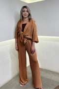 Kadın Camel Dökümlü Bürümcük Yazlık Kimono Takım - Vizon - 1