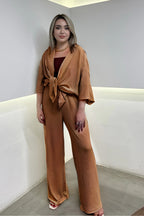 Kadın Camel Dökümlü Bürümcük Yazlık Kimono Takım - Vizon - 1