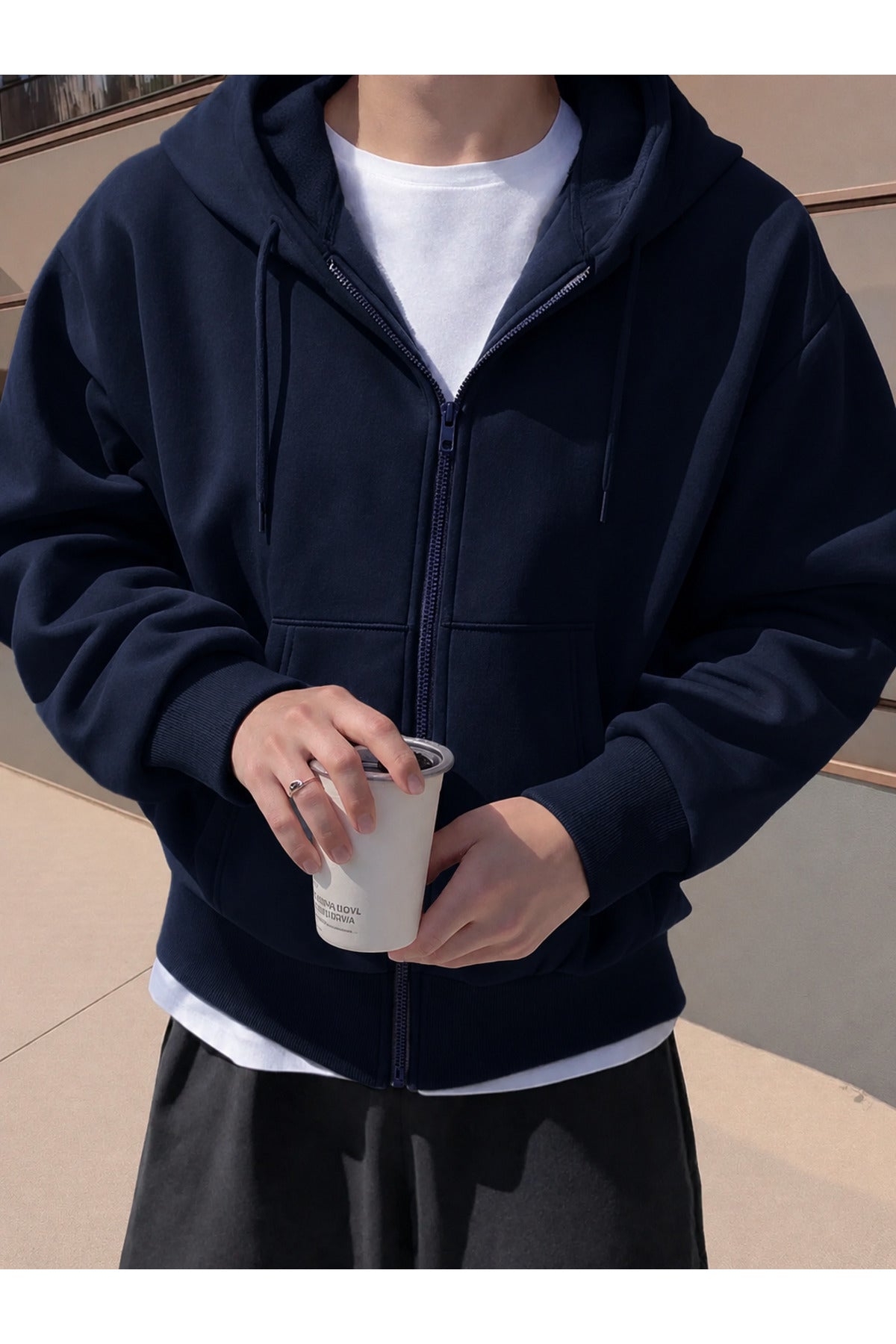 Erkek 3 İ̇pli̇k Fermuarli Kapüşonlu Oversi̇ze Rahat Sweatshirt Hirka - Lacivert - 2