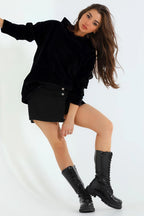 Kadın 3 İ̇plik Kanguru Cep Regular İ̇çi Pamuklu Oversize Okul Sweatshirt - Siyah - 2