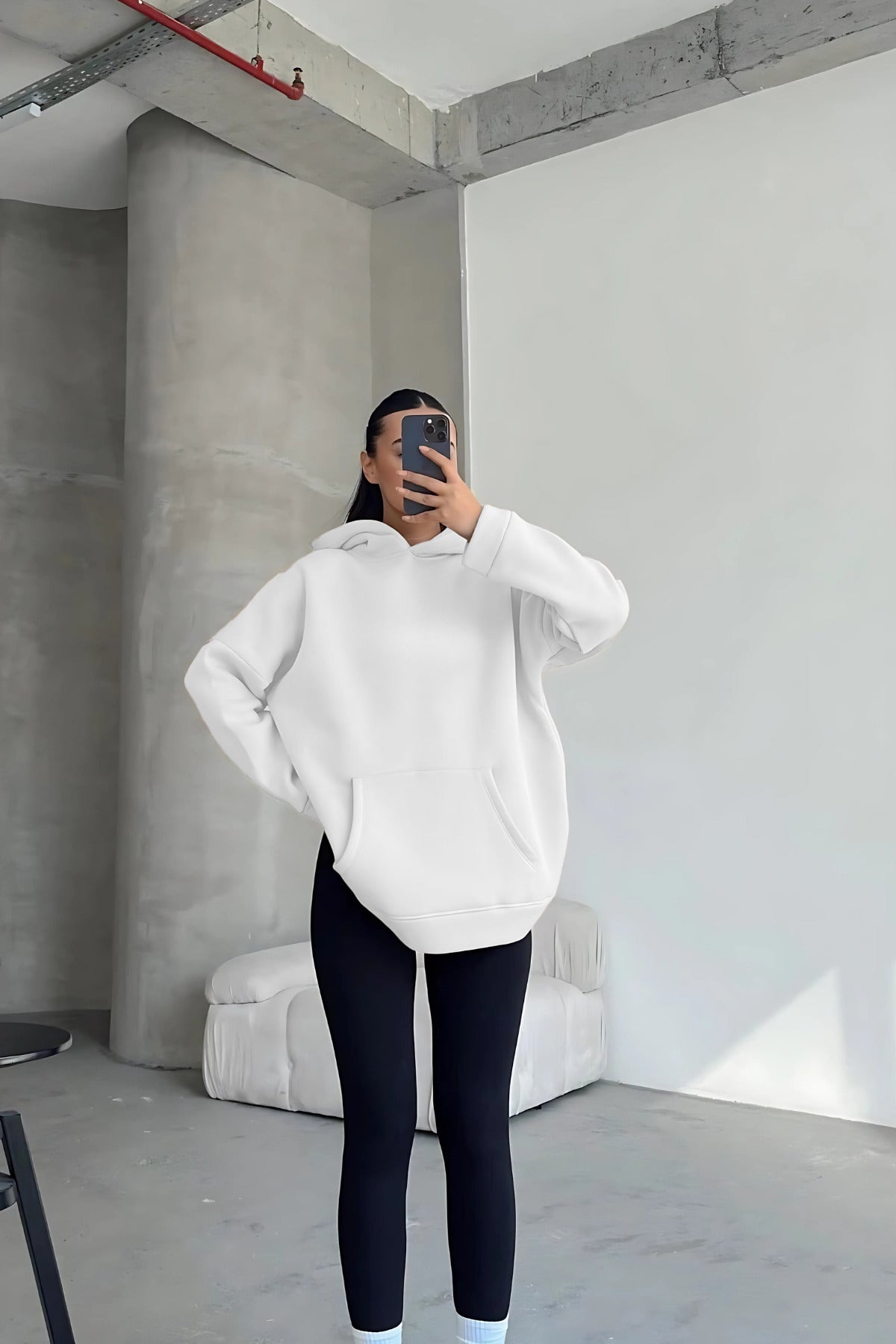 Kadın Kapşonlu Sweatshirt - Beyaz - 1