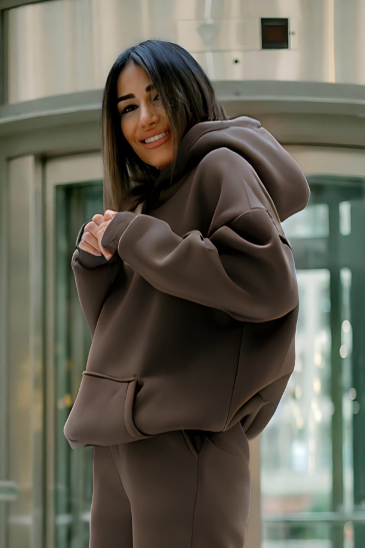 Kadın Pamuklu Bisiklet Yaka Sweatshirt - Kahverengi - 2