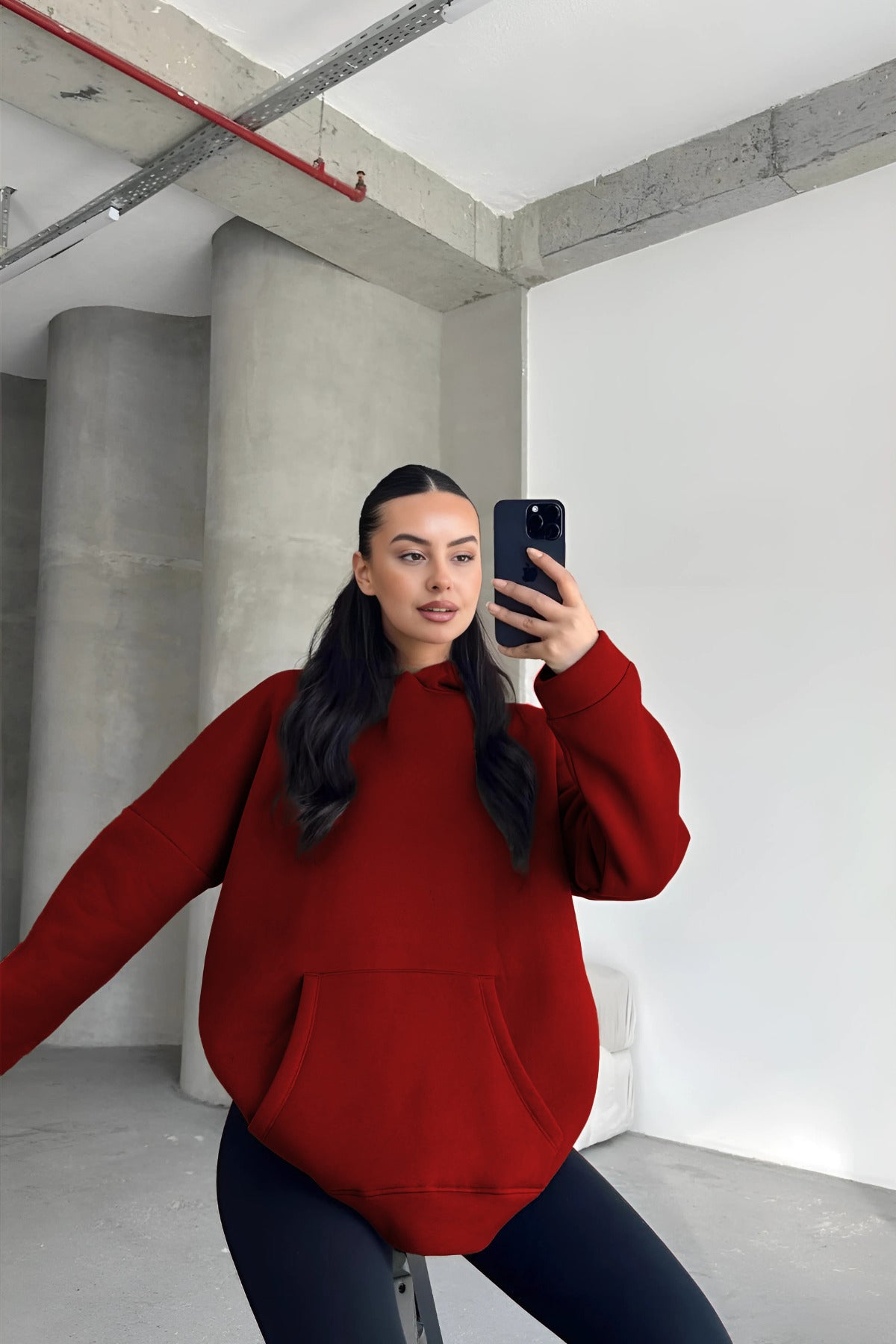 Kadın Kapşonlu Sweatshirt - Bordo - 2