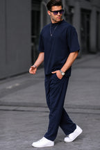 Erkek Lacivert Yazlık Bisiklet Yaka Oversize Eşofman Takımı - Navy Blue - 3