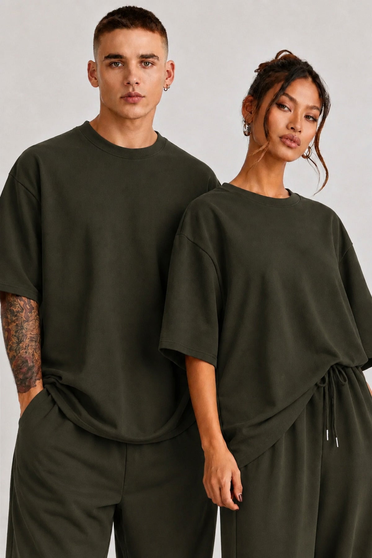 Unisex Çi̇ftleri̇n Kullanimina Uygun Oversi̇ze Kisa Kollu Eşofman Takimi (tekli̇) - Haki - 3