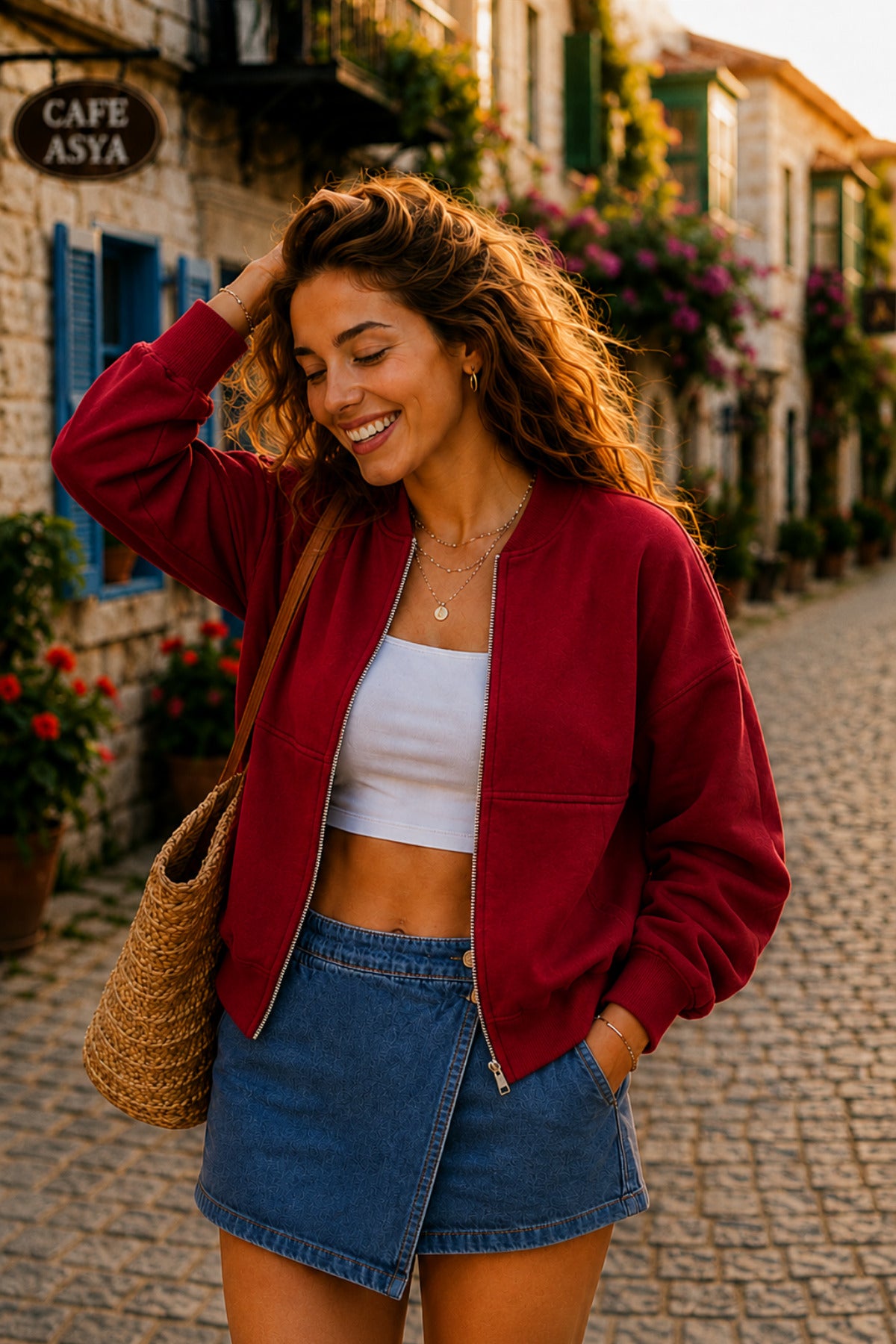 Kadın Fermuarlı Oversize Bomber Basic Mevsimlik Günlük Ceket - Kırmızı - 3