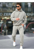 Erkek Geniş Paça Kışlık Cepli Beli Paçası Lastikli Hoodie Rahat Kesim Eşofman Takımı - Gri Melanj - 1