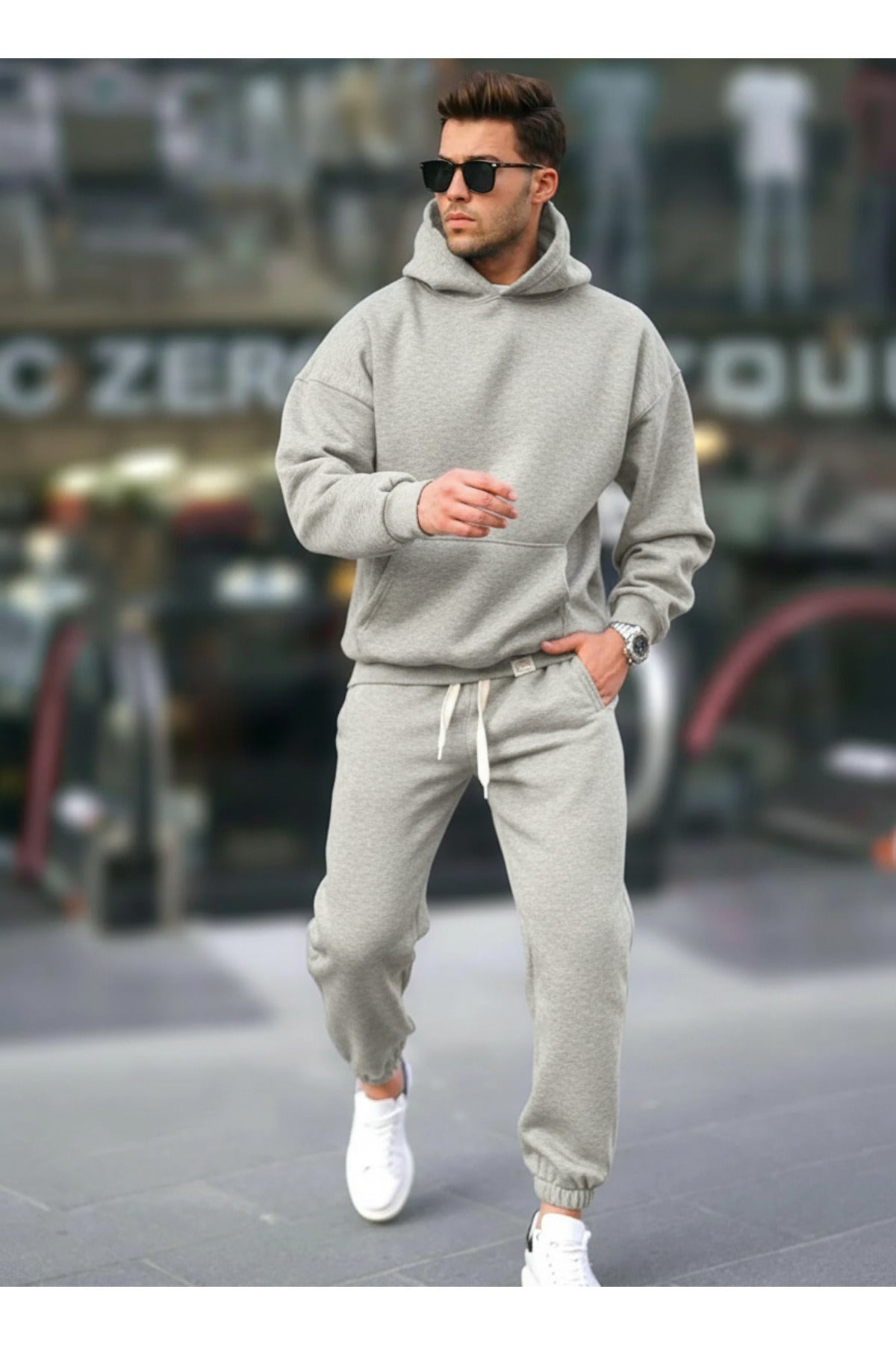 Erkek Geniş Paça Kışlık Cepli Beli Paçası Lastikli Hoodie Rahat Kesim Eşofman Takımı - Gri Melanj - 1