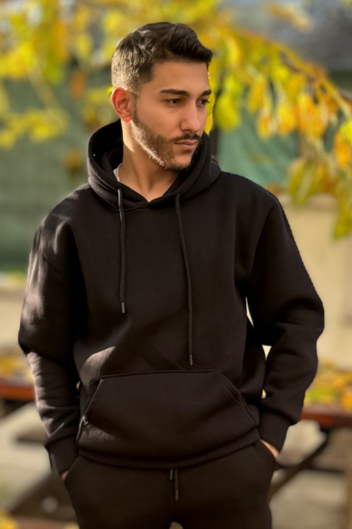 Erkek Kapşonlu Kanguru Cepli̇ 3 İ̇pli̇k Oversi̇ze Sweatshi̇rt - Siyah - 3