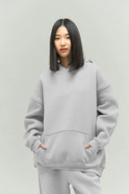 Kadın Rahat Oversize 3 İ̇plik Pamuklu Şardonlu Kanguru Cep Kapşonlu Sweatshirt - Gri Melanj - 1