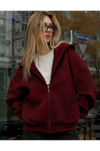 Kadin Oversi̇ze Kapüşonlu Fermuarli Hirka Sweatshirt - Bordo - 1