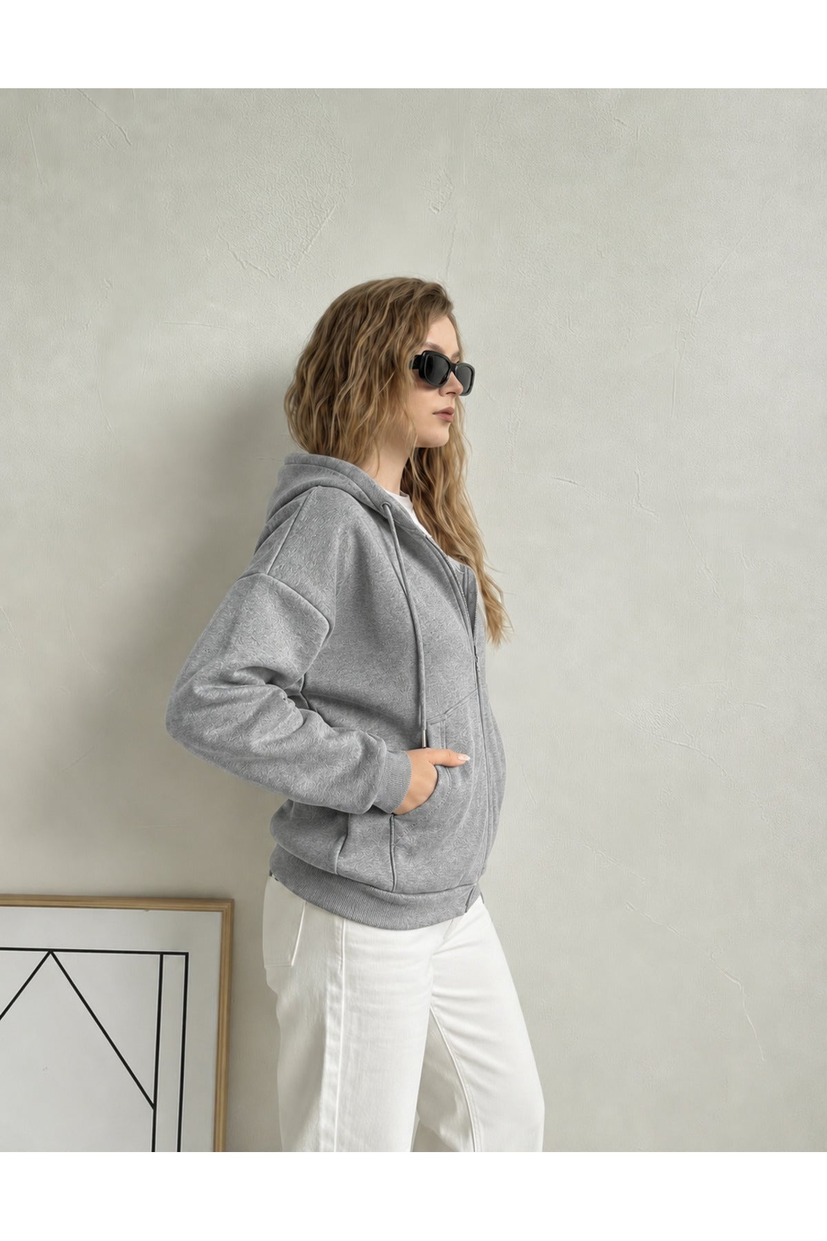 Kadin 3 İ̇pli̇k Kapüşonlu Fermuarli Oversi̇ze Sweatshirt Hirka - Gri Melanj - 2