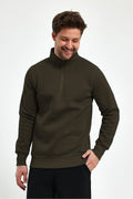 Erkek Yarım Fermuar Dik Yaka Uzun Kollu 3 İ̇plik Sweatshirt - Haki - 1