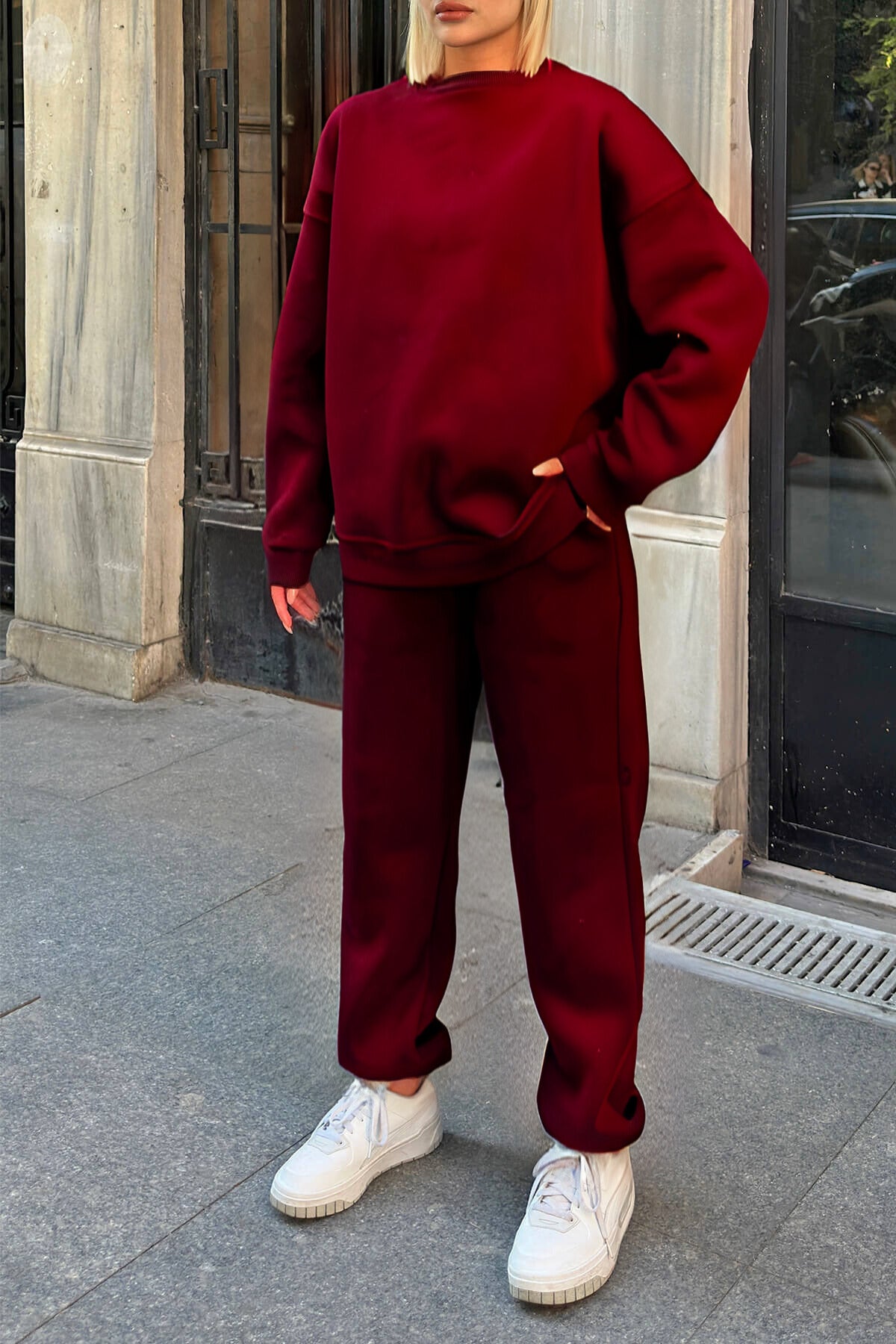 Kadın Oversize Puf Geniş Kalıp Basic Pamuklu Mevsimlik Rahat Eşofman Takımı - Bordo - 2