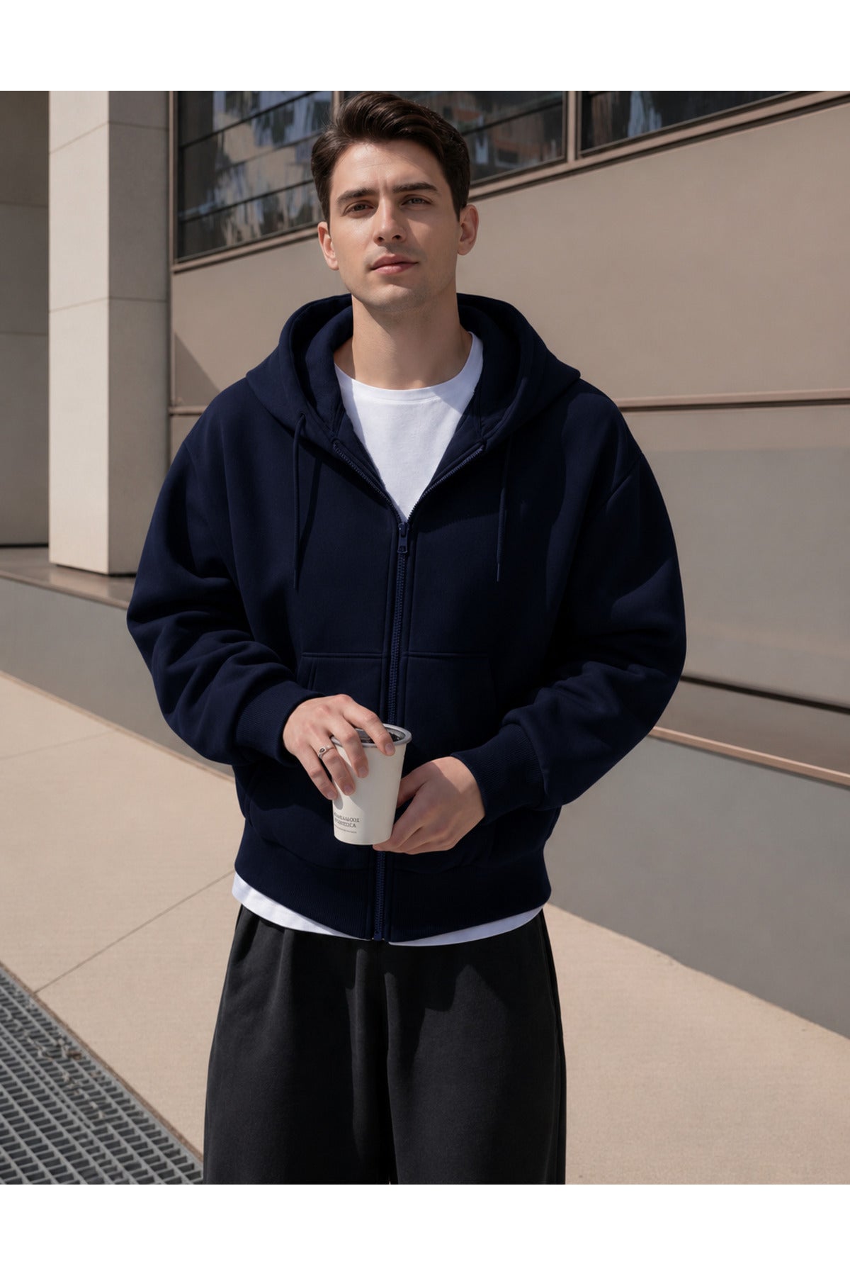 Erkek 3 İ̇pli̇k Fermuarli Kapüşonlu Oversi̇ze Rahat Sweatshirt Hirka - Lacivert - 1