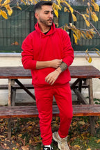 Ob Comfort Kapüşonlu Kanguru Cep Oversize Lastik Paça Kırmızı Eşofman Takımı - Kırmızı - 4
