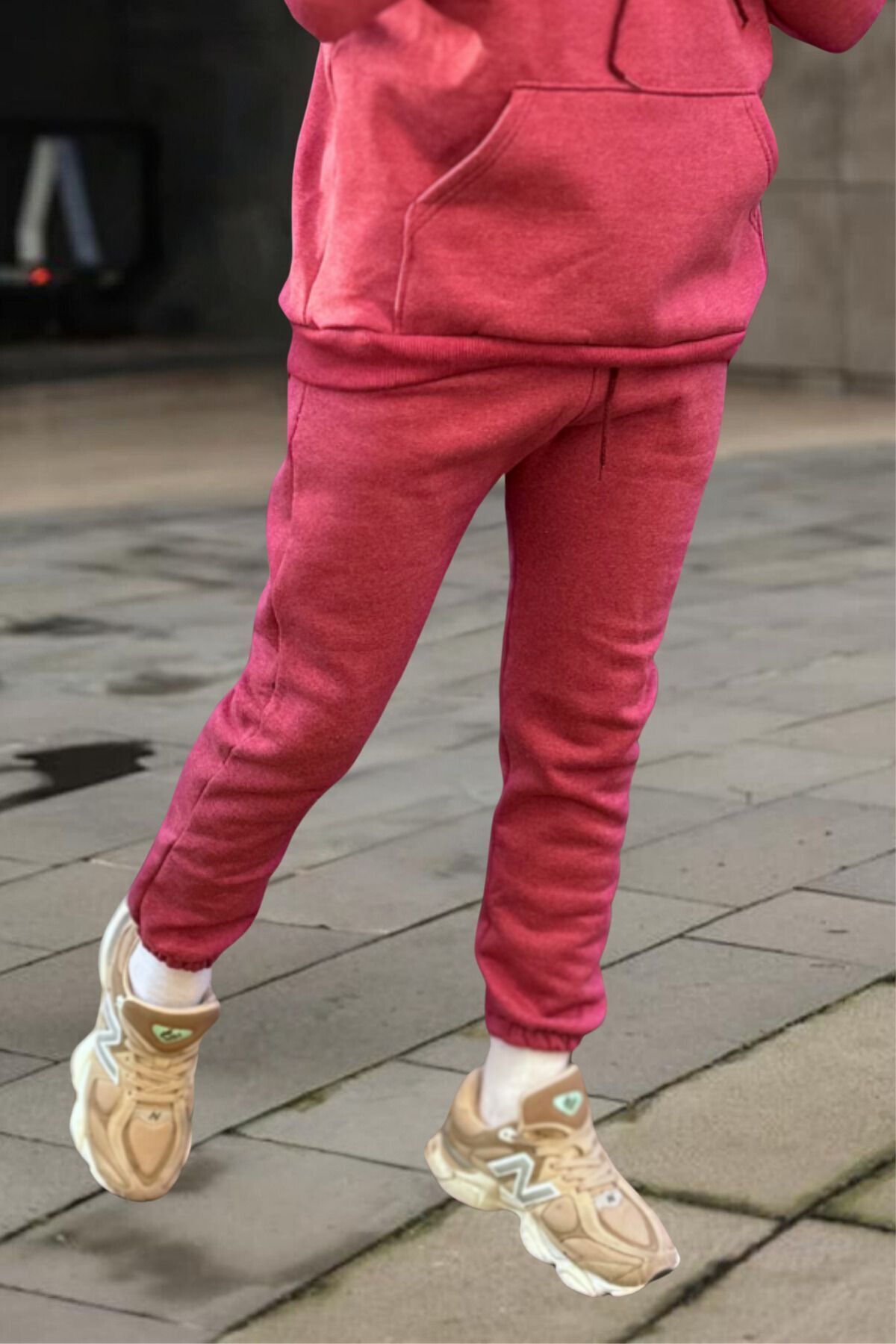 Bay Mürdüm Melanj Beli Lastikli 3 İplik Streetwear Eşofman Altı - Mürdüm Melanj - 3