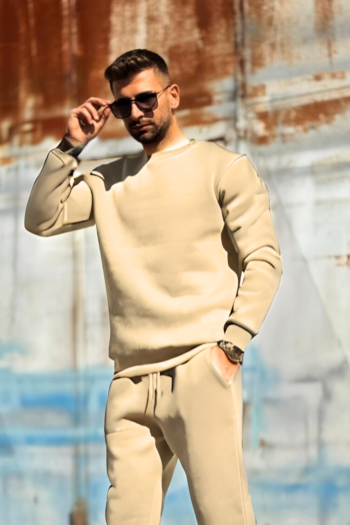 Erkek Oversize 3 İ̇plik İ̇çi Pamuklu Uzun Kollu Bisiklet Yaka Kazak - Vizon - 4