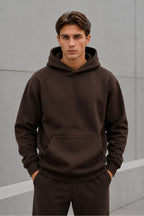 Erkek Oversize Kapüşonlu Sweatshirt Basic Hoodie Cepli - Kahverengi - 4