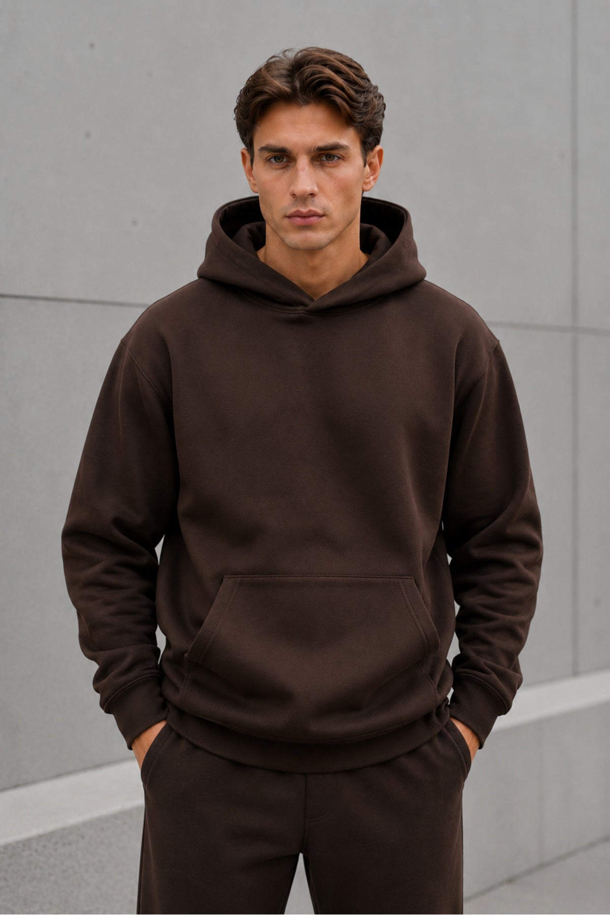 Erkek Oversize Kapüşonlu Sweatshirt Basic Hoodie Cepli - Kahverengi - 4