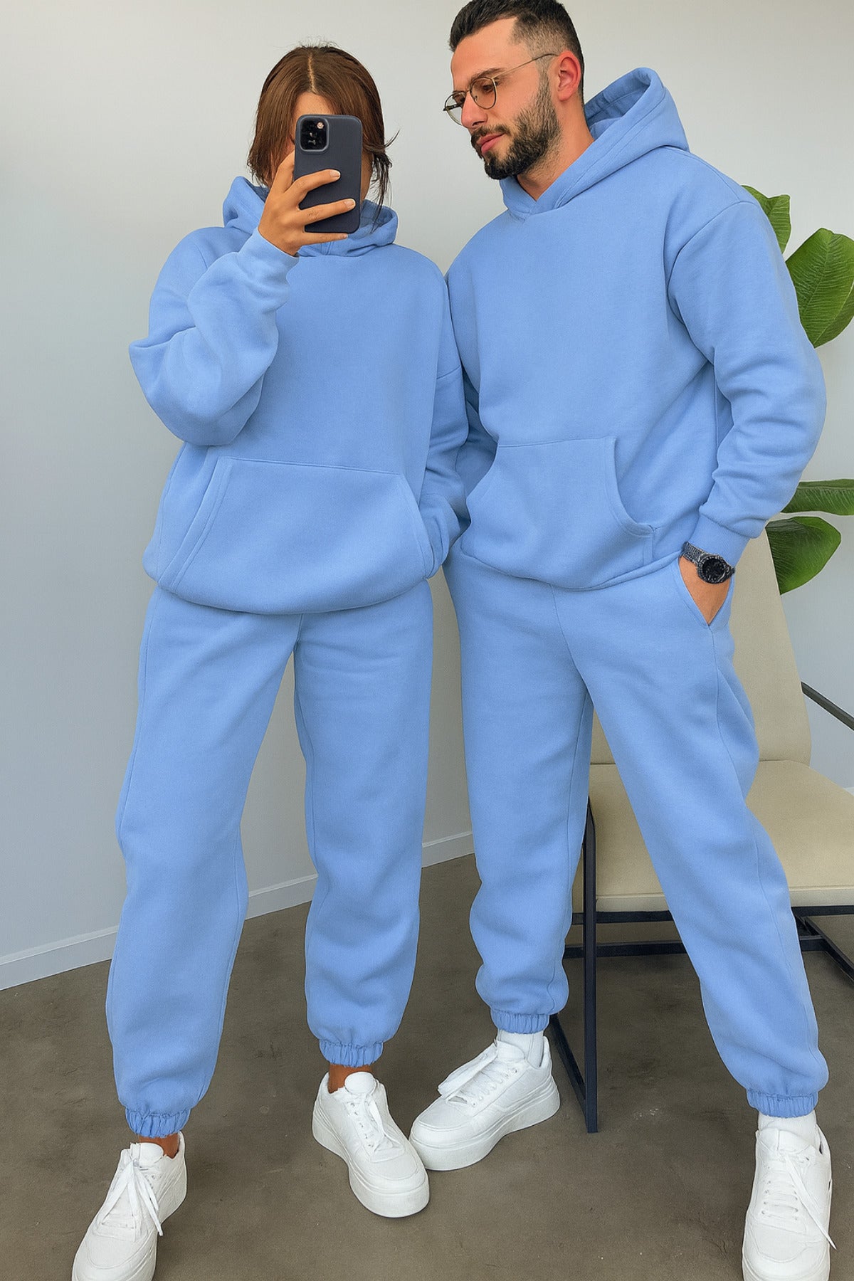 Kadın Erkek Trend Model Çiftlere Özel 3 İplik Oversize Kışlık Kalın Eşofman Takımı (tekli̇) - Bebe Mavisi - 2