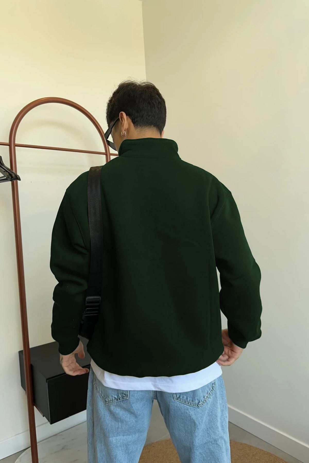 Erkek Yarım Fermuarlı Basic Dik Yaka Kazak - Koyu Yeşil - 3