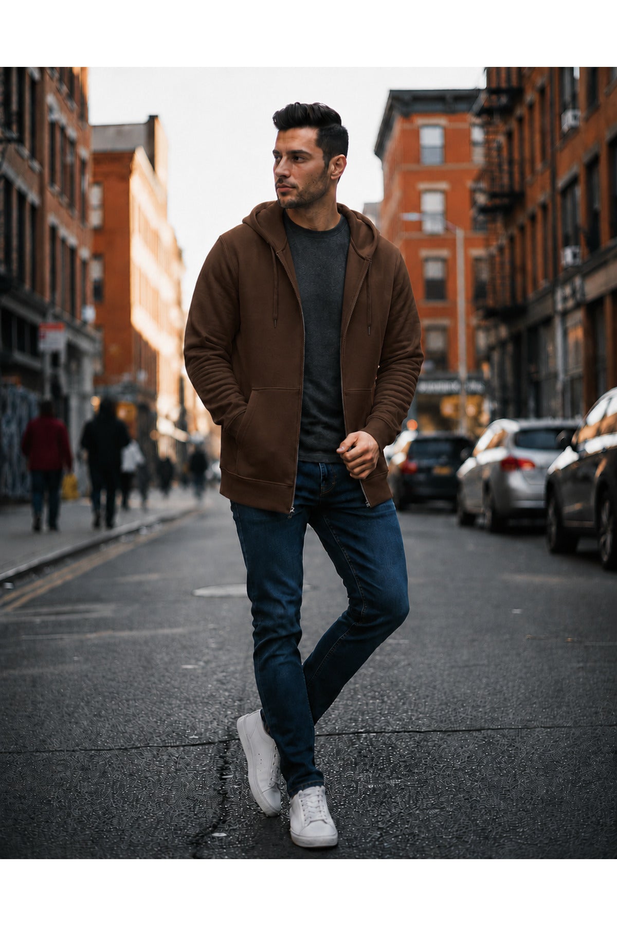 Erkek 3 İ̇pli̇k Şardonlu Oversi̇ze Fermuarli Sweatshirt Hirka - Kahverengi - 4