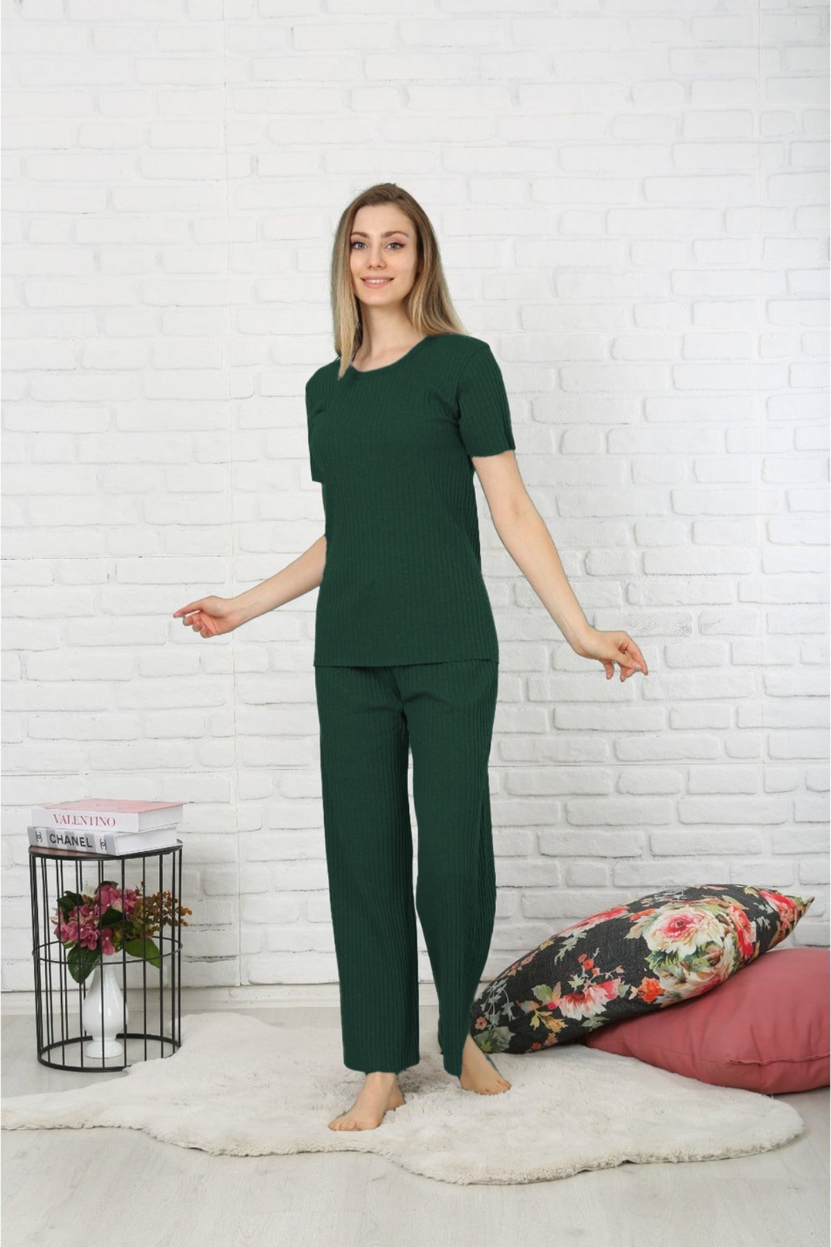 Kadın Yeni Basic Yazlık Kaşkorse Salaş Şık Fitilli Takım - Koyu Yeşil - 3