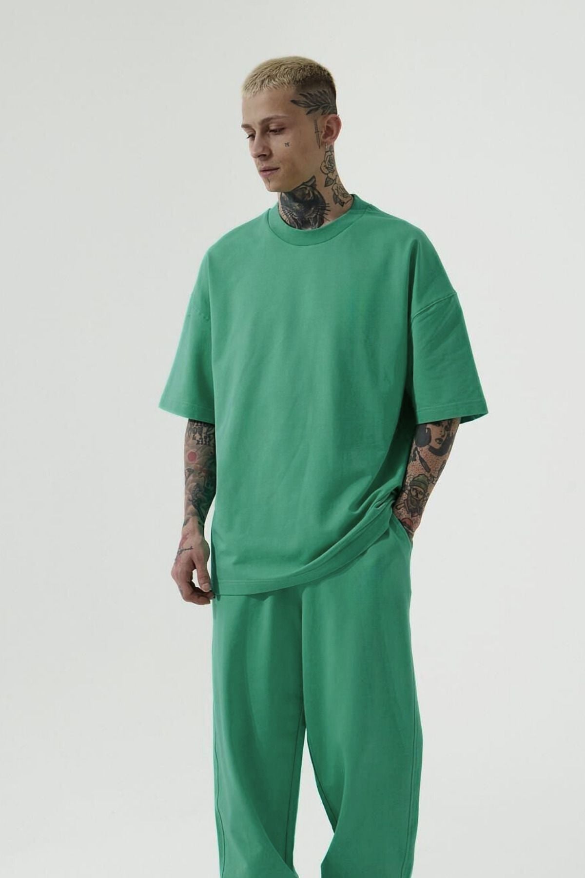 Erkek Oversize T-shirt Ve Eşofman Altı Pijama Takımı - YEŞİL - 1