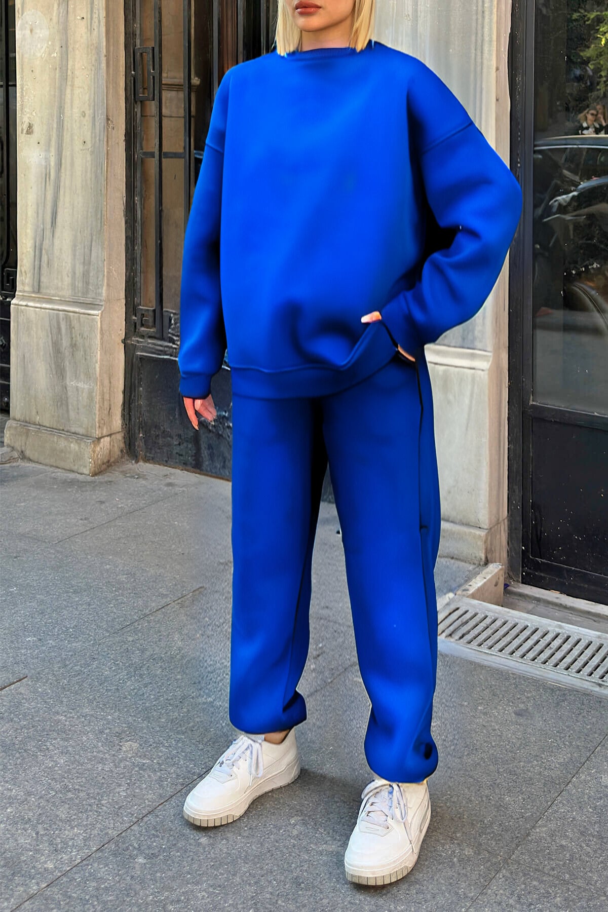 Kadın Oversize Puf Geniş Kalıp Basic Pamuklu Mevsimlik Rahat Eşofman Takımı - Saks Mavisi - 2