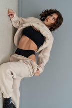 Kadın Eşofman Takımı Sweatshirt Jogger Bej Oversize Şardonlu Kapüşonlu - Bej - 1