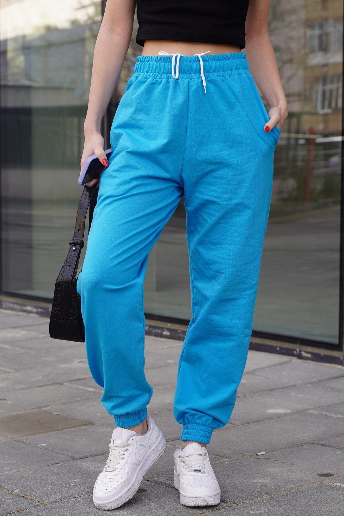 Kadın Turkuaz Jogger Yüksek Bel Eşofman Altı Turquoise Sweatpants - Turkuaz - 1