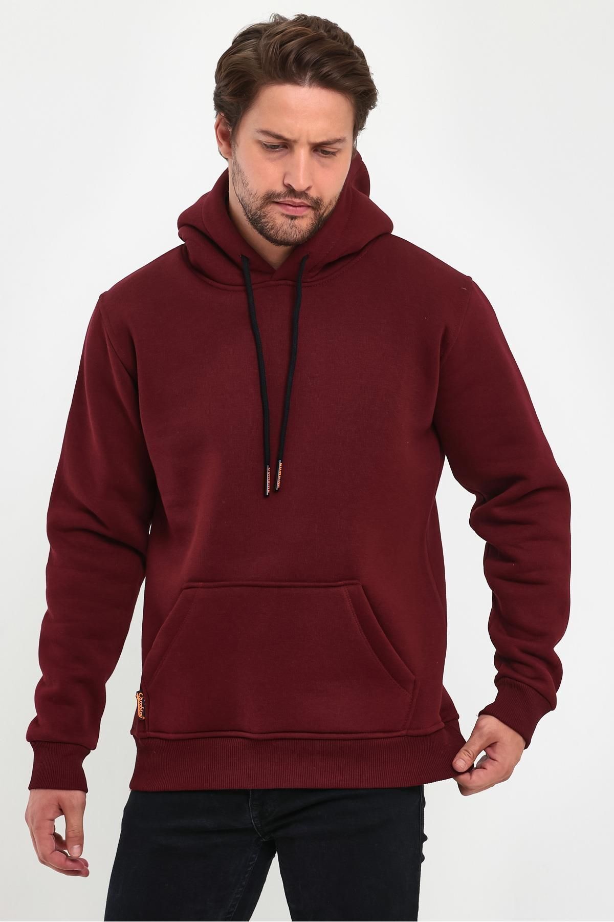 Erkek Kapşonlu Kanguru Cepli̇ 3 İ̇pli̇k Kalin Sweatshi̇rt - Bordo - 1
