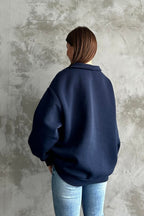 Unisex 3 İ̇plik Oversize Şardonlu Yarım Fermuarlı Swetshirt - Lacivert - 3