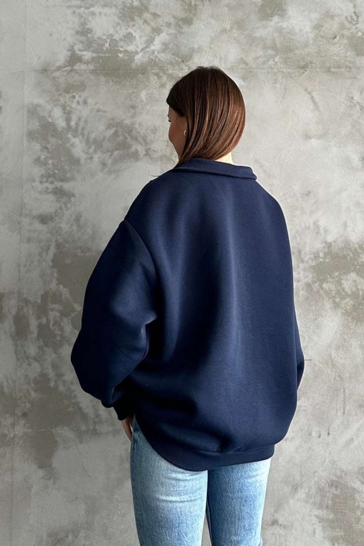 Unisex 3 İ̇plik Oversize Şardonlu Yarım Fermuarlı Swetshirt - Lacivert - 3