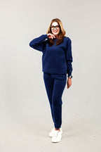 Sweatshirt Jogger Beli Ve Paçası Lastikli Kadın 3 İplik Eşofman Takımı Pamuklu - Lacivert - 1