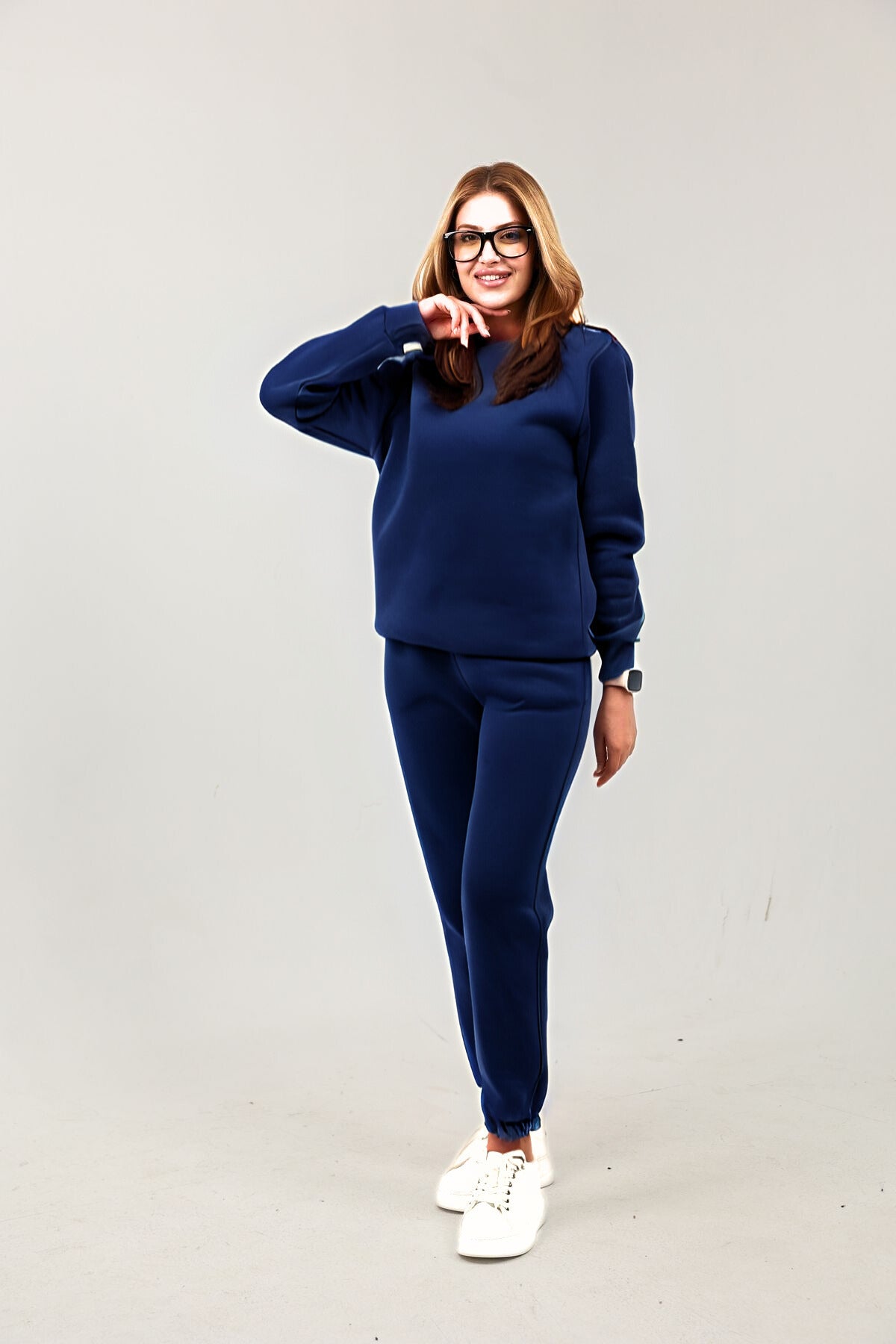 Sweatshirt Jogger Beli Ve Paçası Lastikli Kadın 3 İplik Eşofman Takımı Pamuklu - Lacivert - 1