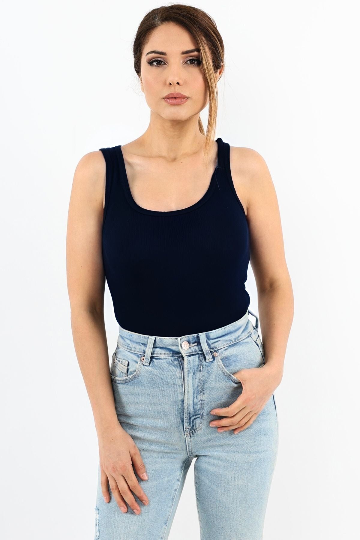 Kadın Laci̇vert Fitilli Kalın Askılı Basic Örme Atlet - Lacivert - 1