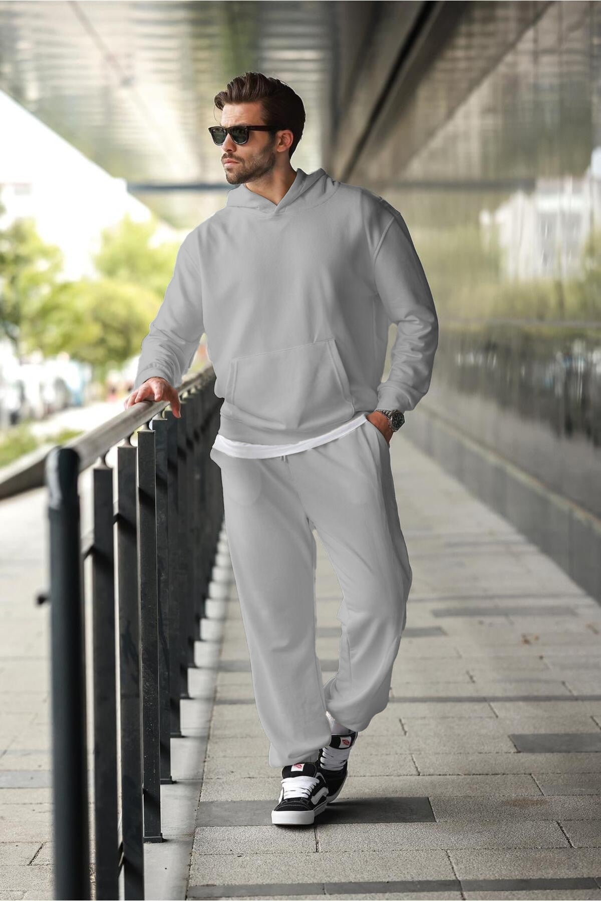 Erkek Hoodie Bol Paça Baggy Salaş Kapşonlu Rahat Kesim Eşofman Takımı - Gri - 2