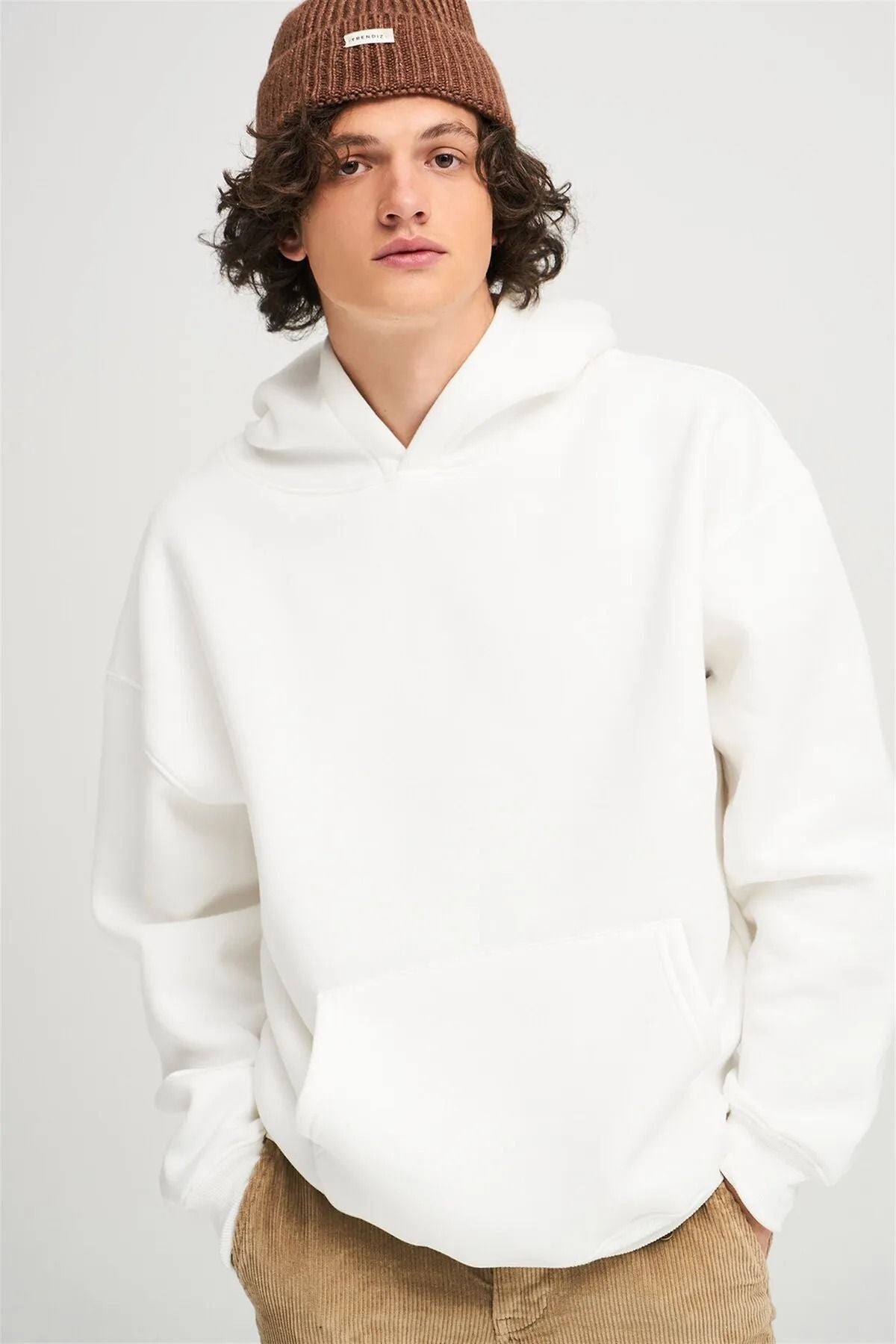 Unisex Oversize Kapşonlu Hoodie Pamuklu Beyaz Sweatshirt - Beyaz - 3