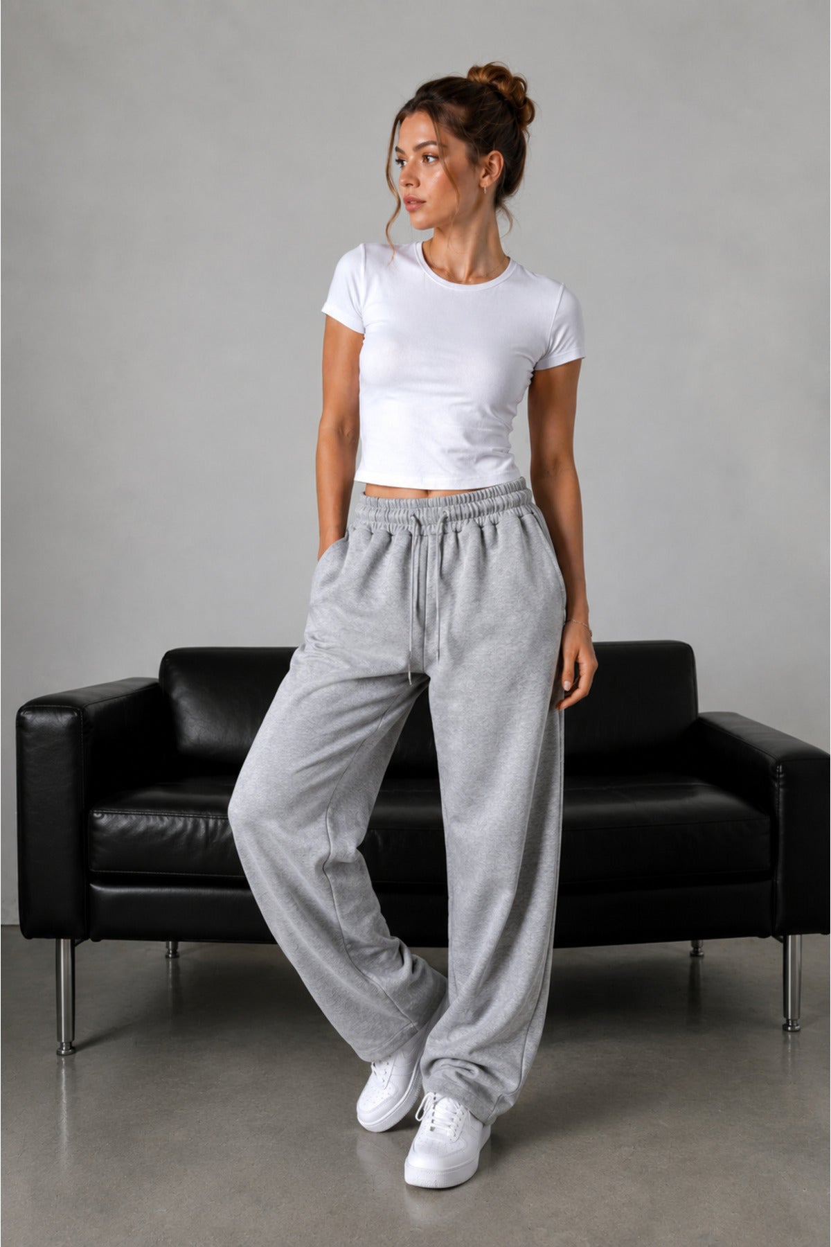 Kadın Günlük Spor Geniş Paça Oversize Eşofman Altı - Gri Melanj - 3