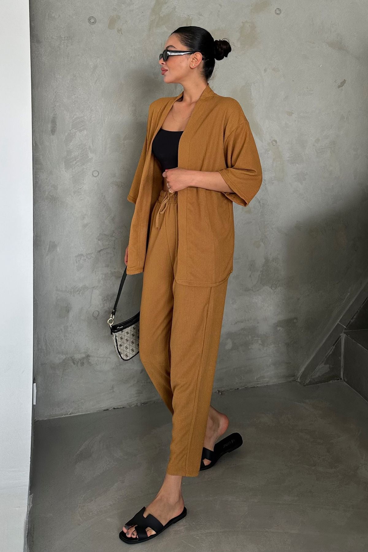 Kadın Dökümlü Bürümcük Yazlık Palazzo Kimono Takım - CAMEL - 4