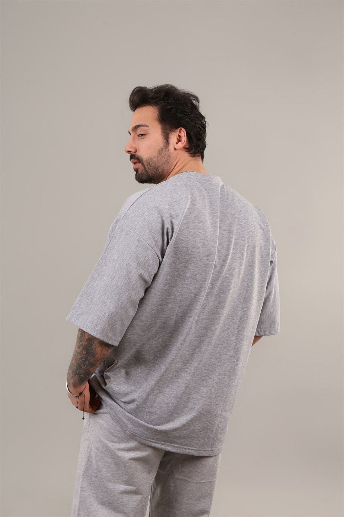 Erkek Kısa Kollu Pijama Takımı Bisiklet Yaka Reşme Salaş - Gri - 6