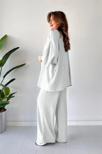 Kadın Dökümlü Bürümcük Yazlık Kimono Takım - Beyaz - 2